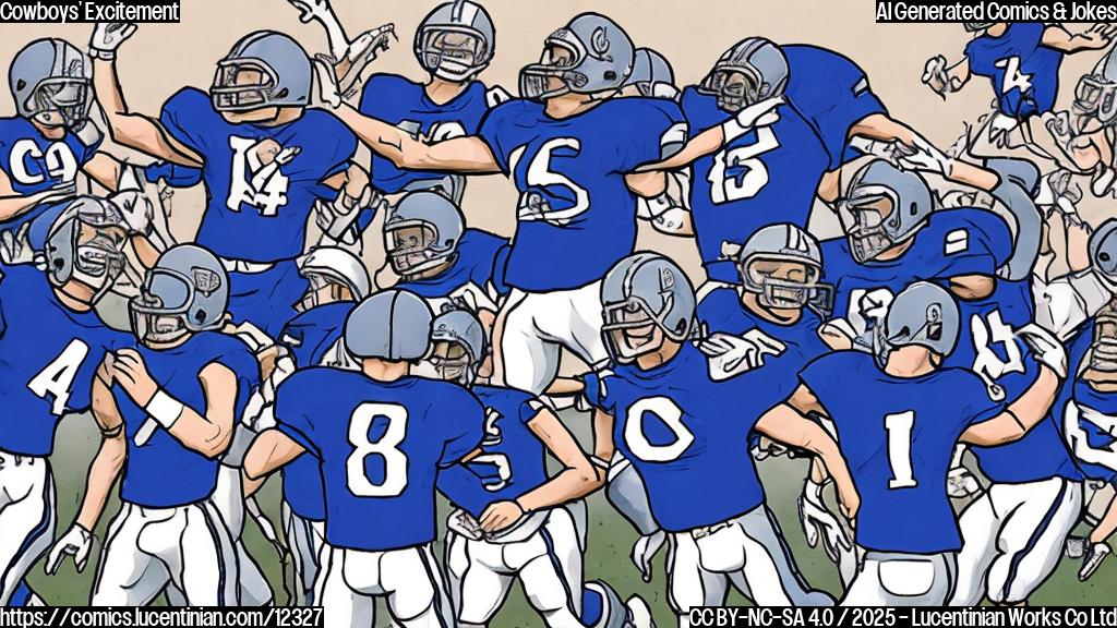 Plain color cartoon of a group of football players wearing blue and silver uniforms jumping up and down with excitement. Speech bubbles above them with exclamation points.