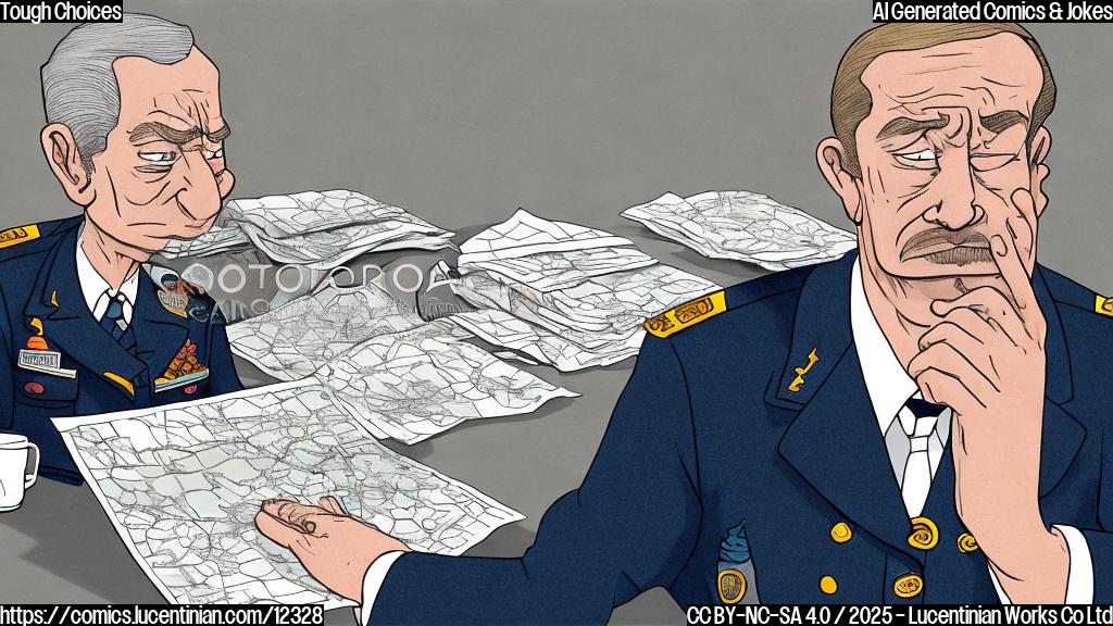 a cartoon drawing, plain color background, of a stressed-looking general with a worried expression, sweat dripping down his brow, sitting at a table covered with maps. One hand is clutching his head, and the other is pointing vaguely at the maps.