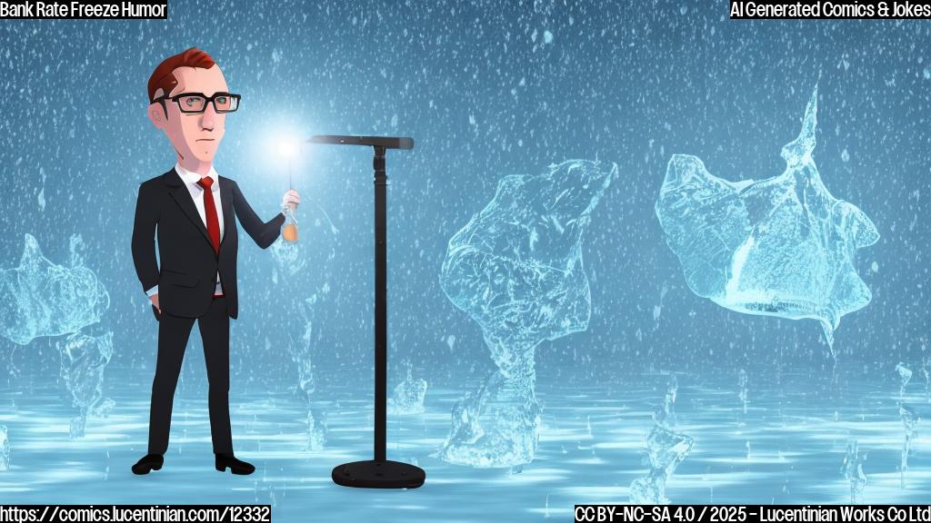 A light blue background cartoon style. An economist with glasses and a tie is standing still and looking sad on a frozen pond, the surface of the pond is labeled "4%".