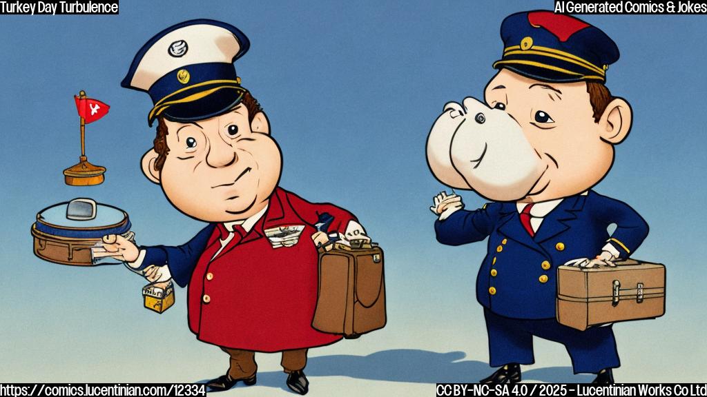Cartoon of a worried-looking, plump turkey wearing a small pilot's hat and clutching a tiny suitcase. The background is a plain sky-blue color.