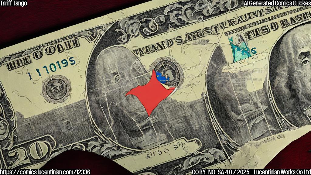 a plain color cartoon style image of a sad looking dollar bill walking away from a grumpy looking trade barrier, both silhouetted against a world map