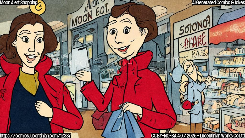 a plain cartoon style image of a confused shopper looking at a sign that says "Moon Alert: Avoid Shopping", the shopper has brown hair, wearing a red coat