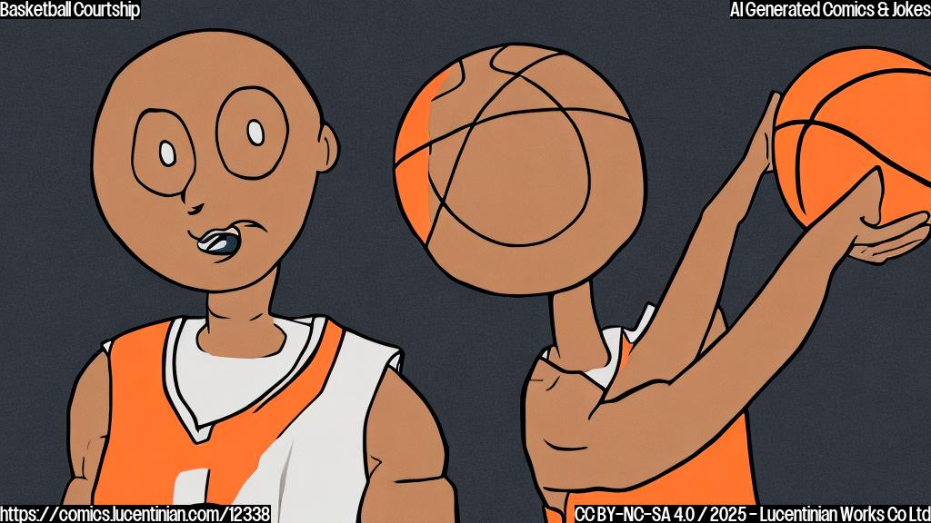 a plain color cartoon style picture of a sad basketball player with an orange basketball that has a sad face on it. The background is a basketball court.