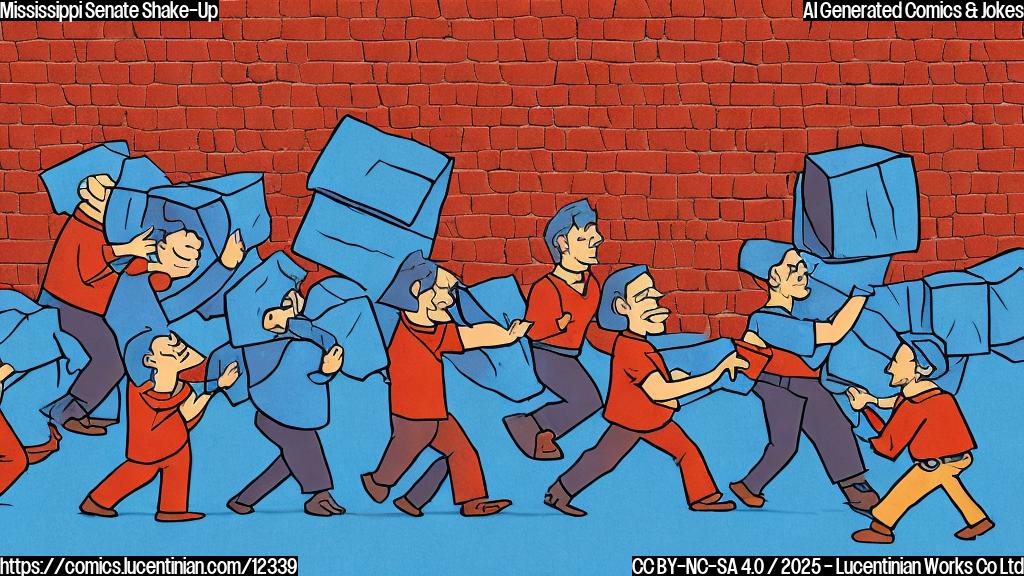 Draw a plain color cartoon style picture of a group of people wearing blue shirts labeled "Democrats" carrying a ladder towards a large wall made of red bricks labeled "Supermajority". The wall is crumbling.