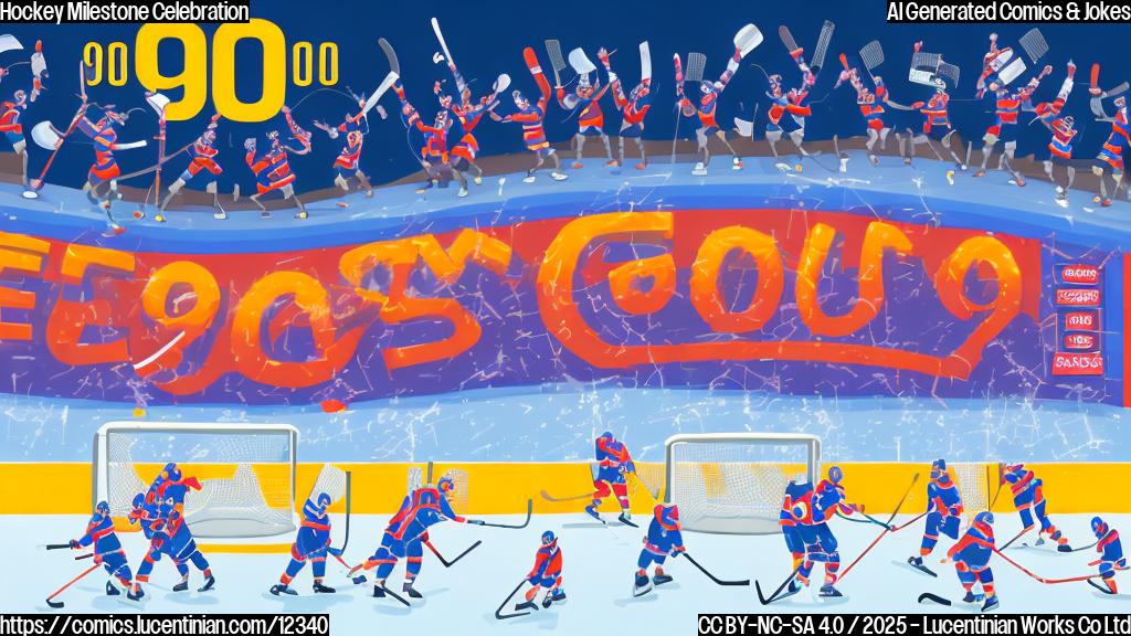 A cartoon illustration of a generic hockey arena with cheering fans and a digital scoreboard displaying the number "900" in large, celebratory text. The style is simple and flat, with bright, primary colors.