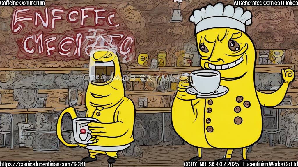 A cartoon drawing of a bright yellow frowning headache character with exaggerated pain lines emanating from its head. The character is wearing a small apron with a coffee bean design and stands hesitantly in front of a large, steaming coffee cup with the coffee shop's sign in the background. The style should be simple and clean, using flat colors and thick outlines, with a light, airy feel.
