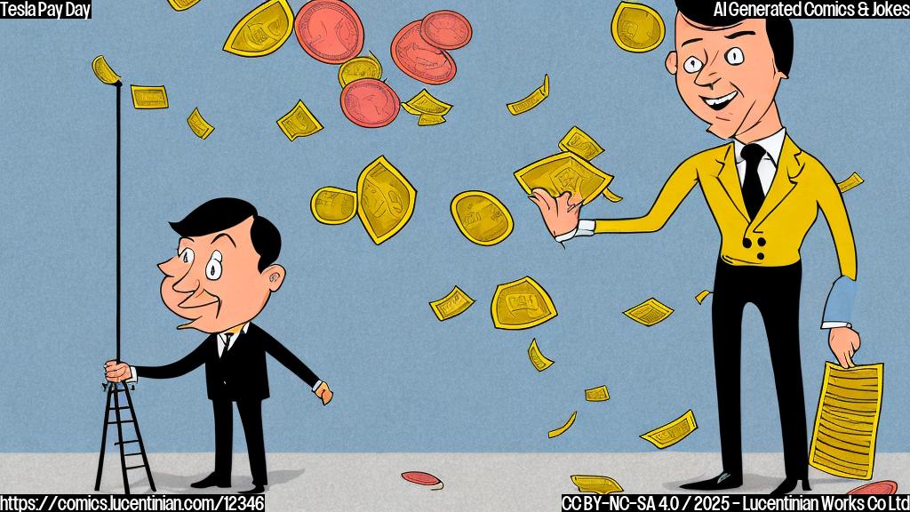 A cartoon drawing of a very rich man in a simple suit holding a small ladder, looking upwards with a surprised expression. Money is raining down from the sky. The style is simple and colorful, suitable for a newspaper cartoon. The background is plain blue.