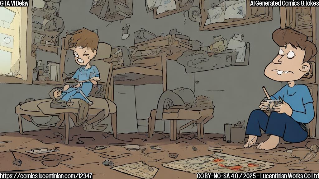 a plain color cartoon style picture, a sad gamer sitting on the floor, looking at a calendar showing November 19, 2026