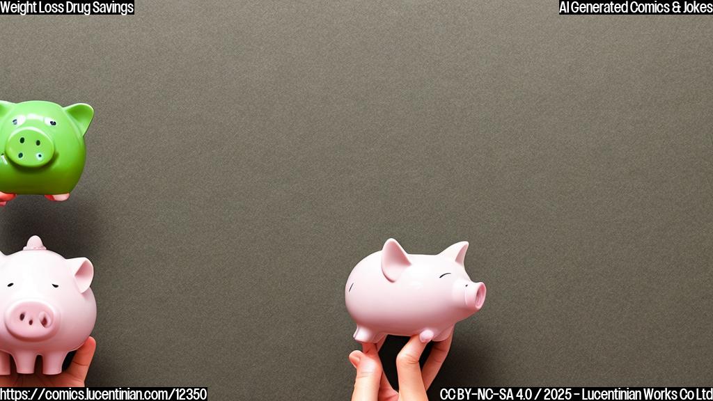 A light green plain background with a cartoon style weight loss injection pen holding a tiny piggy bank. The piggy bank looks worried and sweaty.
