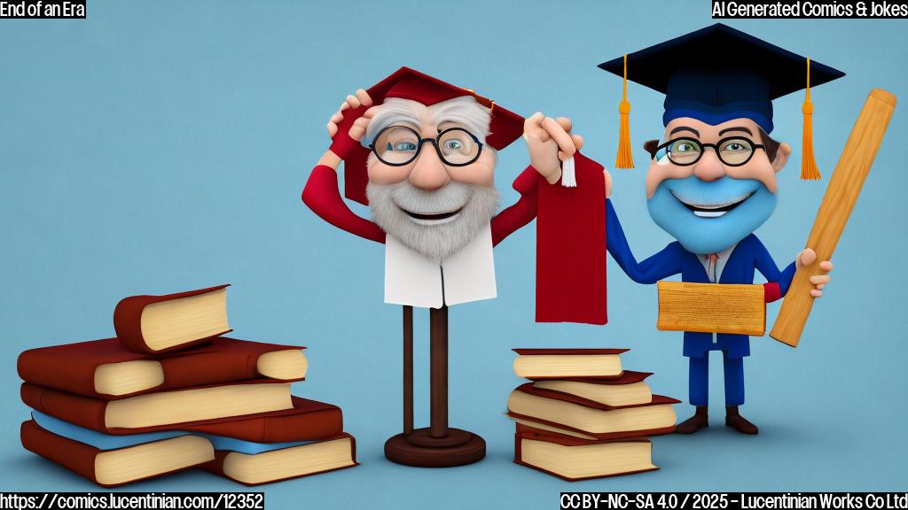 Cartoon style, plain light blue background, a wooden gavel with a smiling face wearing reading glasses and a graduation cap, holding a diploma, standing next to a calendar showing the end of the year.