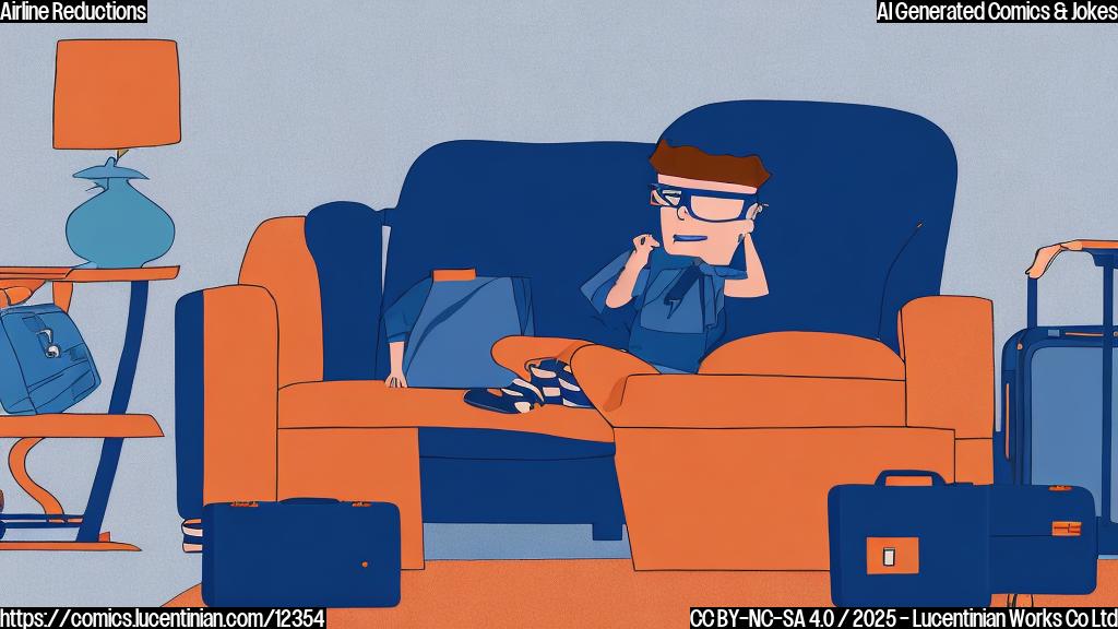 A sad looking blue cartoon airplane with dark glasses and a suitcase next to a couch with a concerned orange armchair.