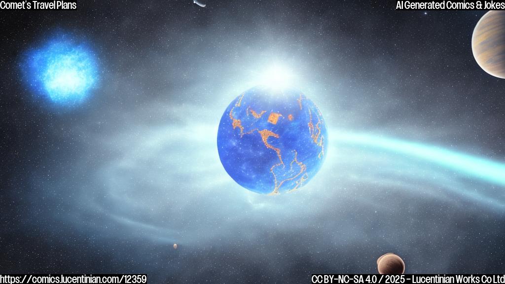 A cartoon drawing of a bright blue comet with a long tail waving at a small red planet with white ice caps. The comet looks happy and the planet looks surprised. The background is a dark blue space filled with small white stars. Simple cartoon style, plain colors.