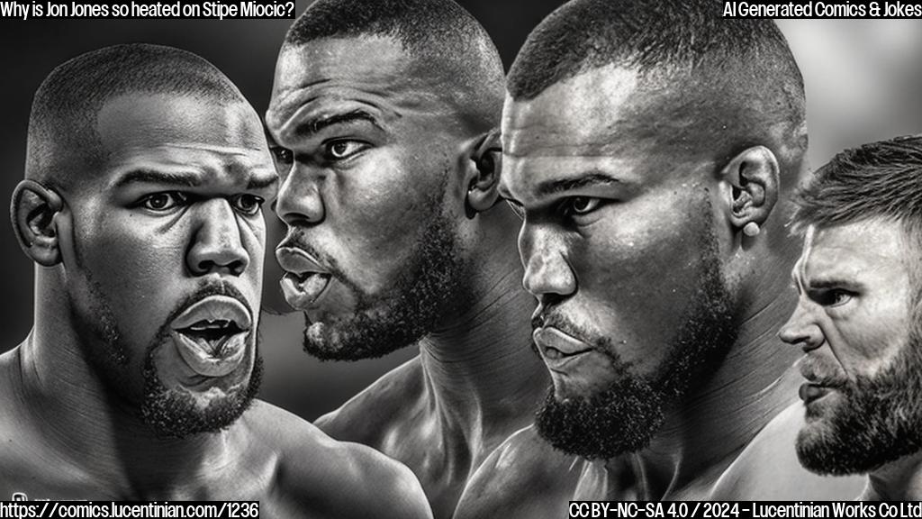 Draw a cartoon style image of Jon Jones with a fierce expression and Stipe Miocic with a ninja mask, ready for a intense hand-fist fight.