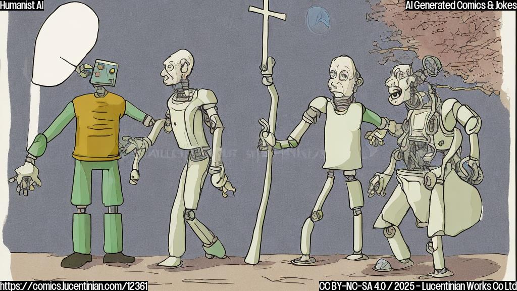 A simple, flat-color cartoon of a robot with large, friendly eyes carefully helping an elderly person with a walking stick cross a street. The robot has a small halo above its head. The background is a plain light blue.