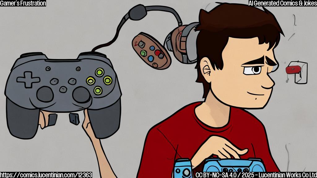 A plain color cartoon style drawing of a young man with messy brown hair, wearing a red t-shirt with a game controller print on it, sitting in front of a computer screen with a frustrated expression. The screen shows a loading bar stuck at 99%.