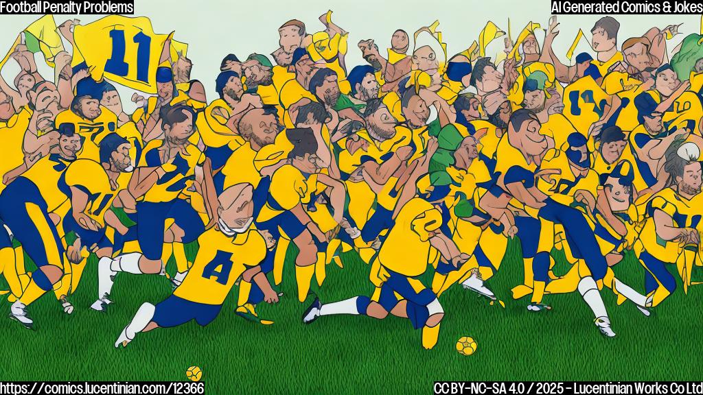 A plain color cartoon style image depicting a sad-looking football team with lots of yellow penalty flags around them. They are holding a participation trophy. The background is a simple green field.