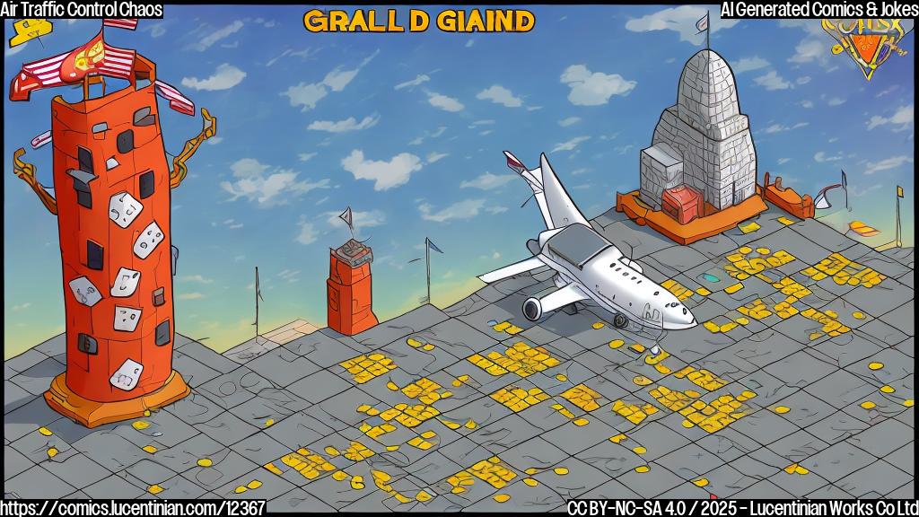 Cartoon image of a grounded airplane looking dejected, with dice on the control tower and the tower looks like the "jail" square of the "Monopoly" board game. Use plain colors