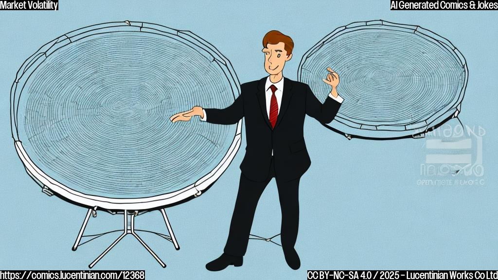 Cartoon image of a man in a business suit holding a trampoline with a confused expression, standing in front of a graph showing wildly fluctuating lines. The background is a plain light blue. The style is simple and cartoonish, with bright, solid colors.
