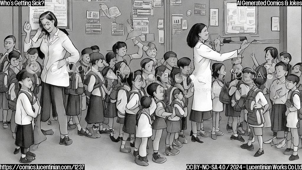 A cartoon of a mom holding a small backpack with a red vaccination shot, standing in front of a classroom where all the kids are eagerly waiting for their turn. The mom is smiling and looking relieved, while the kids look excited and eager to get vaccinated. In the background, there's a subtle image of a whooping cough "cloud" looming over the school, symbolizing the increasing cases.
