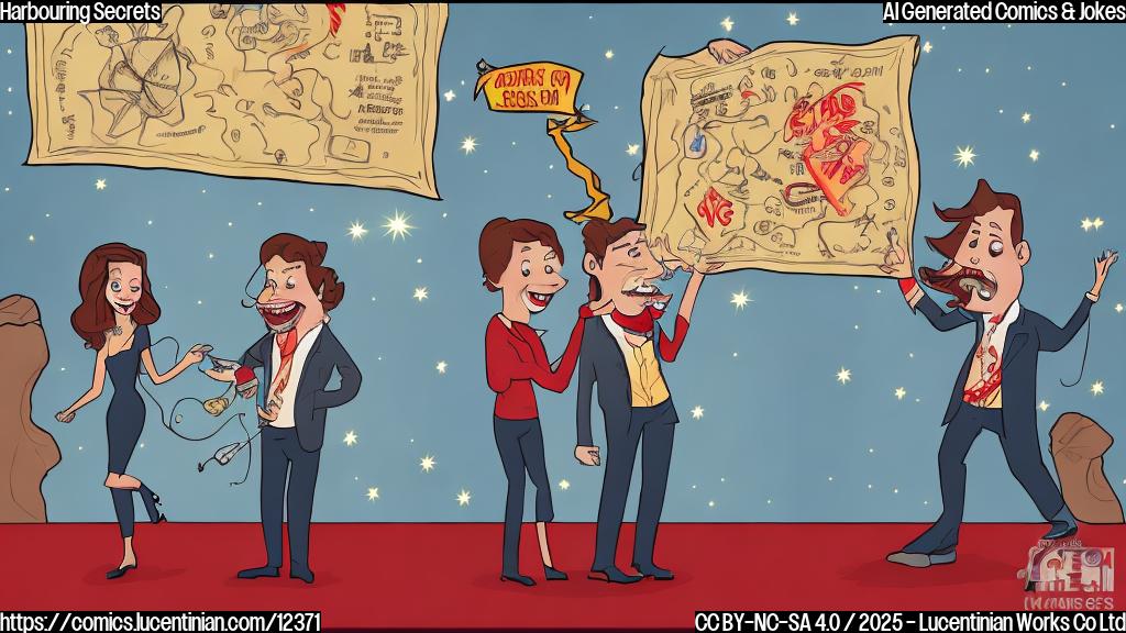 A cartoon drawing of two actors on a red carpet. One is a young woman with short brown hair wearing a sparkly dress, laughing and the other is a taller, older man with a beard, holding a comically large treasure map. The background shows flashing cameras and a crowd of blurred figures. The style is simple, with bold outlines and flat colors.