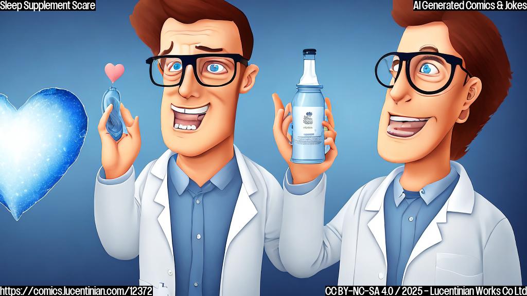 A cartoon scientist with exaggerated glasses looking worried, holding a bottle of sleep supplement with a cracked heart shape on the label. The background is a plain light blue.