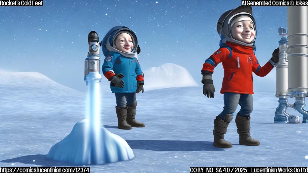 A cartoon style rocket wearing oversized winter boots and looking nervously at a small, frosty valve labeled "Liquid Oxygen Vent," all against a plain blue background.