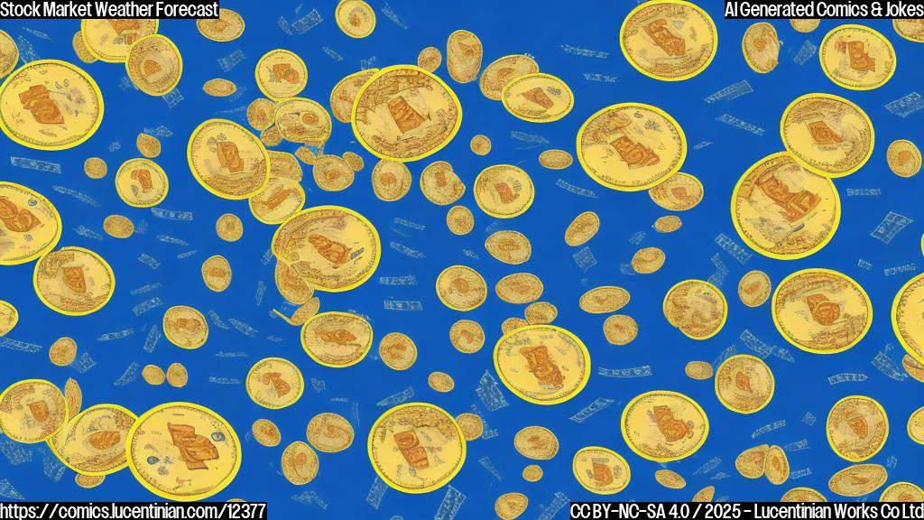 A cartoon weather map with rain clouds shaped like stacks of money, with a sad face in Asia. Plain color background.