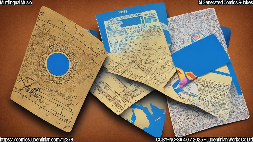 cartoon, plain color background, a stylized passport with musical notes on the cover, a globe with musical notes around it