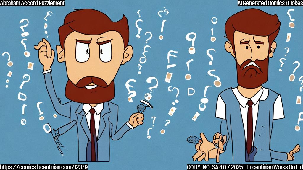 A light blue background with a cartoon-style depiction of a document labeled "Abraham Accord" looking bewildered, with question marks floating around its head. The document has simple, large eyes and a small, downturned mouth. The style is plain and clean, suitable for children.