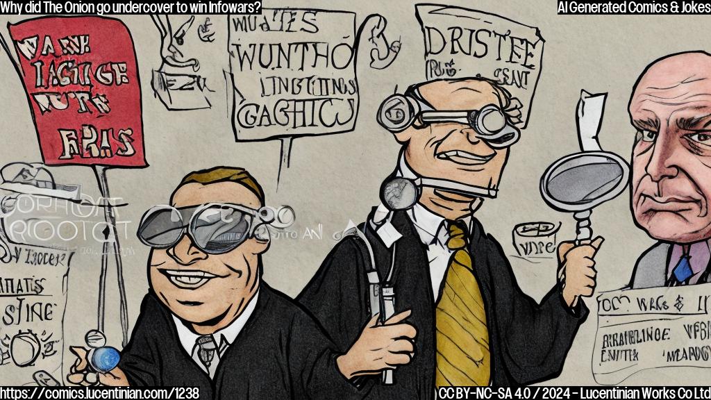 a cartoon of a judge wearing sunglasses and holding a magnifying glass, with a sly smile on his face, surrounded by onion layers, while a person in a trench coat and fedora is in the background, holding a "Infowars" sign.