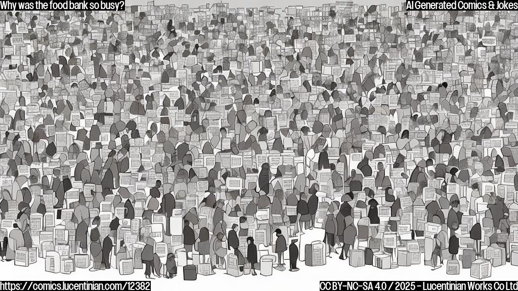 Create a plain color cartoon style picture of a very busy food bank with a long line of people waiting outside. The people are of diverse ages and ethnicities. The food bank building is simple and functional, with a sign that says "Food Bank" in large letters. Some of the people in line are holding empty bags or boxes. The overall feeling is one of urgency and need.