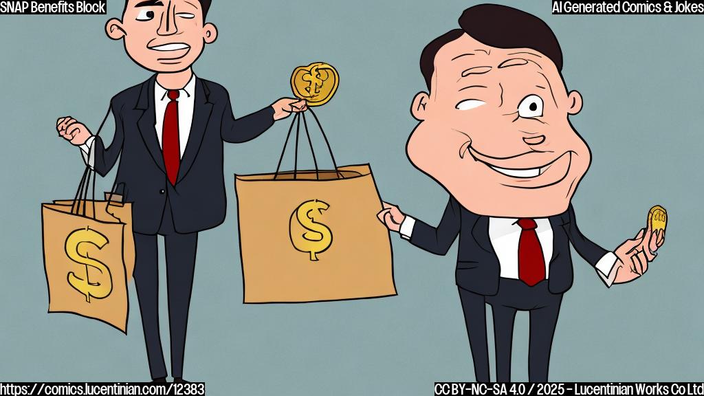 Cartoon image, plain color background, a sad looking grocery bag with a dollar sign on it being stopped by a large hand wearing a suit.
