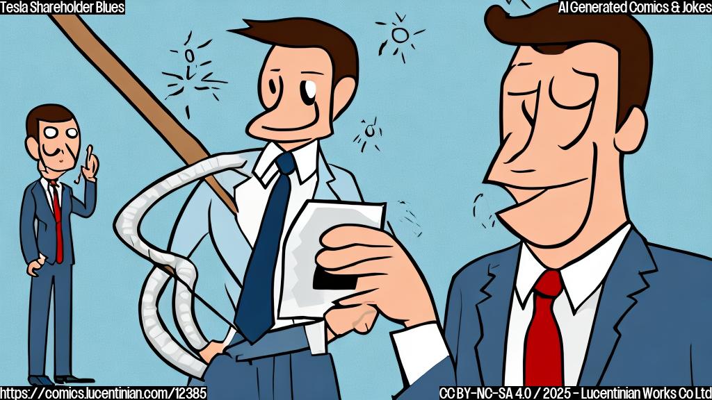 a cartoon style image, plain light blue background, a sad looking stick figure wearing a business suit and holding a stock chart showing a steep downward trend, sweat dropping from his face.