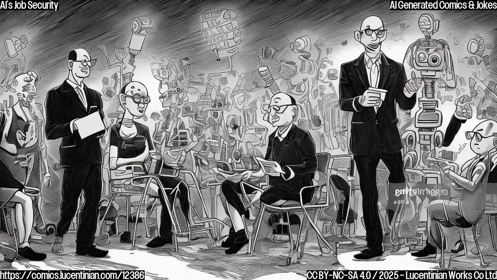 Cartoon of a nervous looking robot stand-up comedian on stage under a spotlight. The robot has a microphone in its hand, sweat is dripping from its metallic brow, and two slightly menacing looking cartoon figures â€“ a man with glasses and a bald head, and a woman with blonde hair â€“ are sitting in the front row with notebooks, looking unimpressed. The background is a simple stage with a brick wall.
