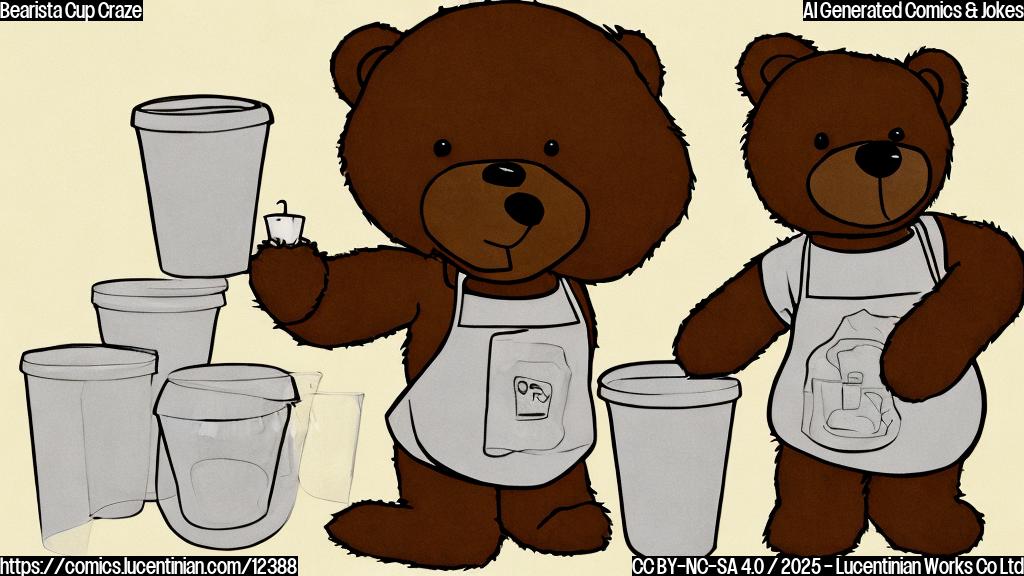 A simple cartoon of a brown teddy bear wearing a barista apron and holding a stack of empty, clear plastic cups. The background is a plain light yellow.