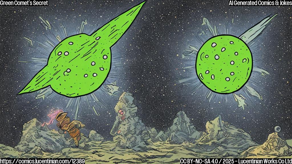Cartoon drawing of a bright green comet with a visible coma but no tail, floating in space against a dark background filled with stars. The comet has a slightly embarrassed or shy expression.