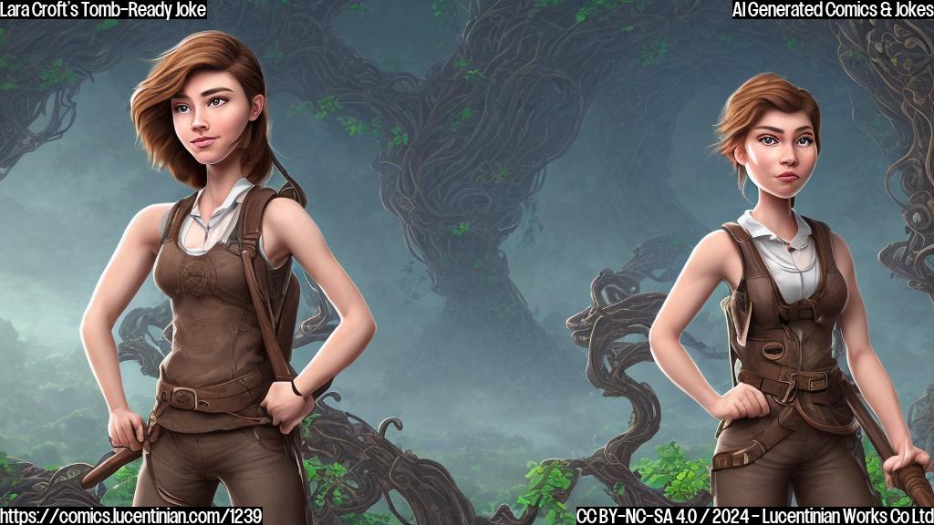 A cartoon-style image of a young, adventurous woman with short brown hair and a backpack, holding an pickaxe and standing in front of a vast, mysterious ancient temple with intricate carvings and vines crawling up the walls. She should be looking back at the viewer with a confident smile, wearing a mix of functional gear and adventurer attire, such as leather pants, a tank top, and sturdy boots. Her outfit should have some scratches and signs of being in use on various expeditions.