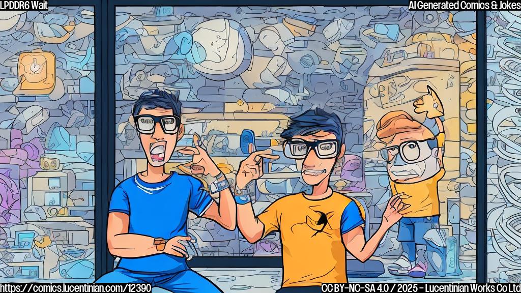 Cartoon image depicting a person with oversized glasses and a tech blog t-shirt, sitting impatiently in front of a futuristic phone store. The store window displays a sign saying "LPDDR6 Coming Soon - 2026!" The person is tapping their foot and looking at their watch with an annoyed expression. The color style should be plain and simple.