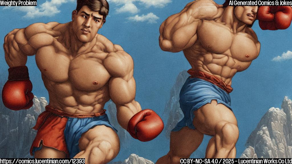 a cartoon image of a muscular fighter with short brown hair and blue shorts struggling to climb onto a scale. The scale is comically oversized. The background is a plain light blue.