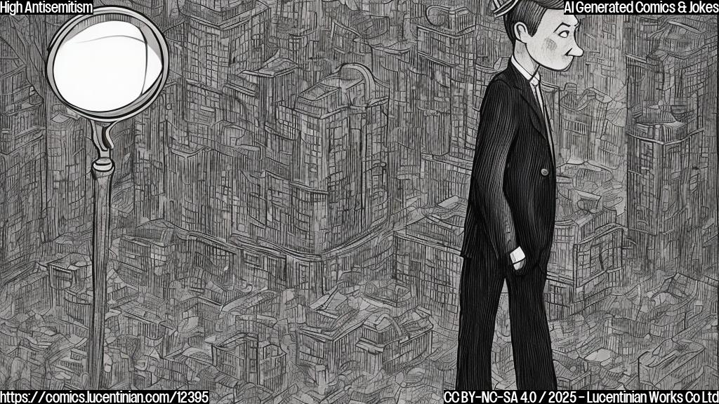 Cartoon illustration. A serious-looking person in a suit and tie is looking through a giant magnifying glass at a city hall building. The sky is dark and ominous, and there's a sense of tension in the air. The style should be plain color cartoonish.