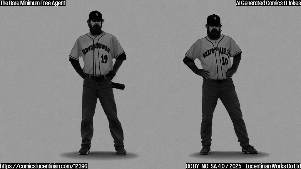 Draw a cartoon of a middle-aged man with a scruffy beard, wearing worn-out baseball gear, and standing at a field with a subtle hint of disappointment behind him. The background should have a faint baseball stadium silhouette but be shrouded in a haze of mediocrity.
