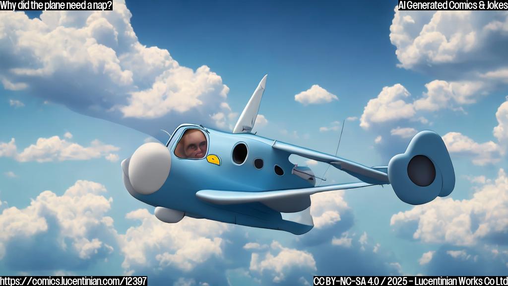 A light blue cartoon airplane with tired eyes wearing a small sleep mask, floating in the air above fluffy white clouds. The background is a pale yellow sky.