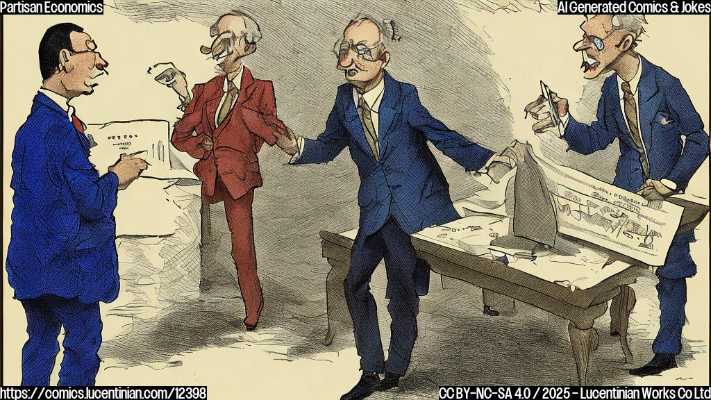 A cartoon depicting two figures, one labeled "Economist" and the other "Political Scientist," arguing over a graph showing varying tax tolerance levels based on partisan alignment. The graph has a clear divide, with one side showing high tax tolerance and the other showing low tolerance. The background is a plain light blue color.