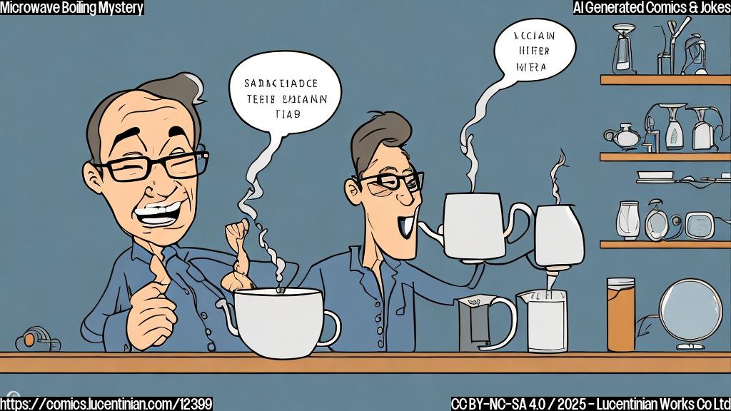 Cartoon style image of a scientist with thick glasses, looking confused and holding a steaming mug of tea next to an open microwave. The background is a plain light blue.