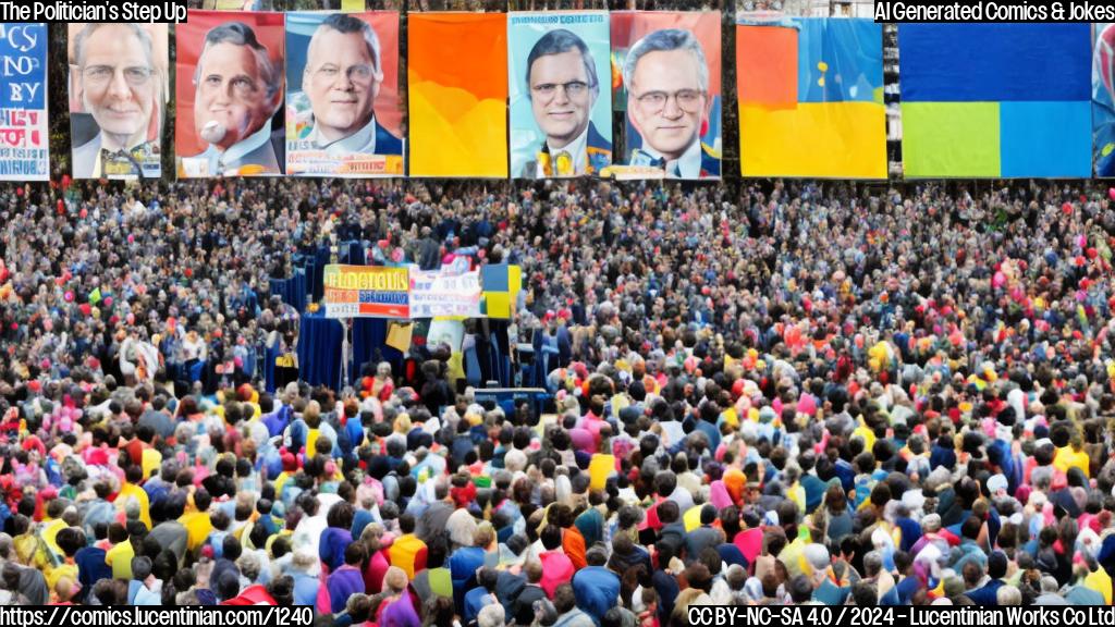 a large crowd of people standing on chairs and ladders, with a single figure in the foreground holding a microphone and wearing a suit, surrounded by colorful campaign banners and flags