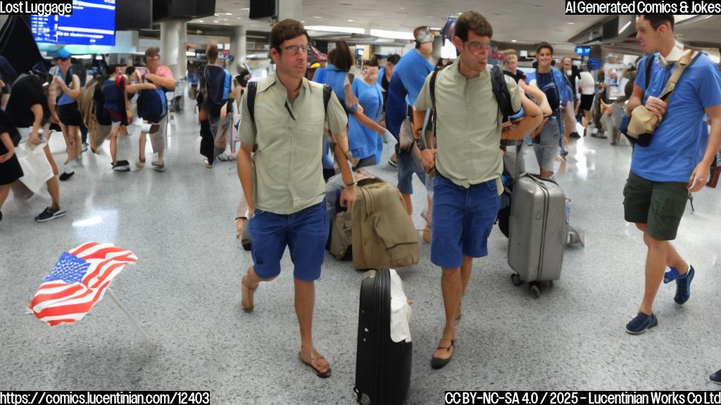 Plain color cartoon style, an Israeli tourist, wearing a blue shirt and khaki shorts, looking distressed in a New York airport. His suitcase is labeled "Politics" and is overflowing with miniature flags, signs, and banners representing various political viewpoints.