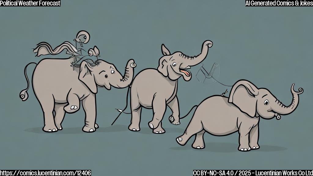 A simple cartoon illustration of a weathervane shaped like an elephant and a donkey, spinning wildly in opposite directions. The background is a plain light blue.