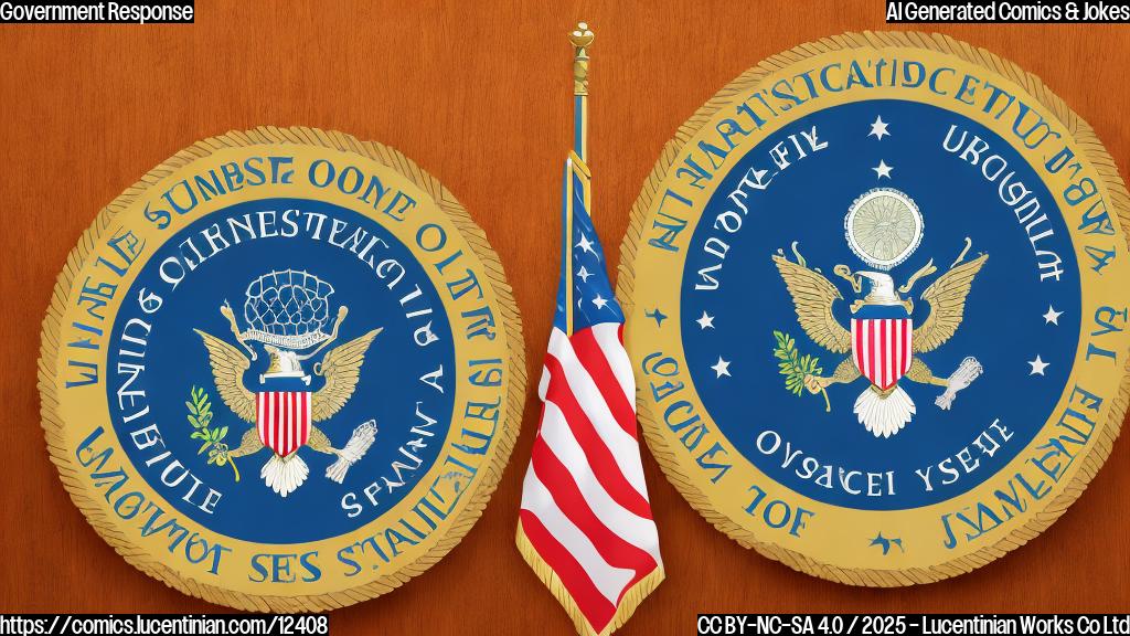 A cartoon drawing of a microphone standing next to an official-looking government seal. The seal looks slightly annoyed. Both are against a plain light blue background.