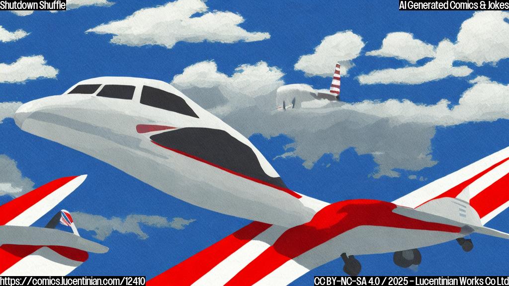 Cartoon depiction of a grounded airplane with a sad face, sitting on a runway. The runway is cracked. Background is a pale blue sky. The plane is white with red stripes. The style is simple and plain.