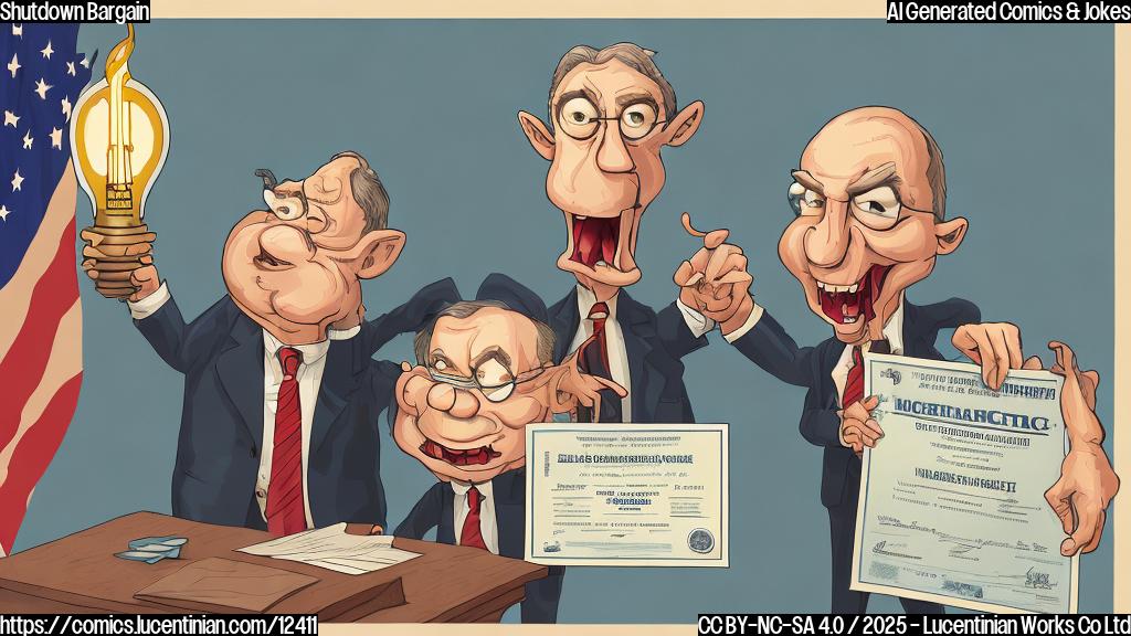A cartoon style image of two anthropomorphic lightbulbs, one labeled "Democrats" holding a tax credit certificate, and the other labeled "Republicans" with a stern expression, with a partly closed building in the background. The Democrats lightbulb looks optimistic while the Republican lightbulb looks angry.